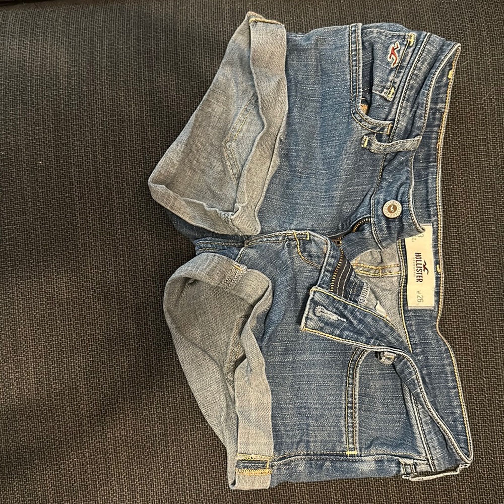 2 pairs of hollister jean shorts, blue shorts size 3, grey shorts size 5
